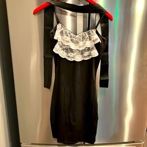 FRENCH MAID black sexy short DRESS Large white lace SATIN RIBBON TIE belt spirit